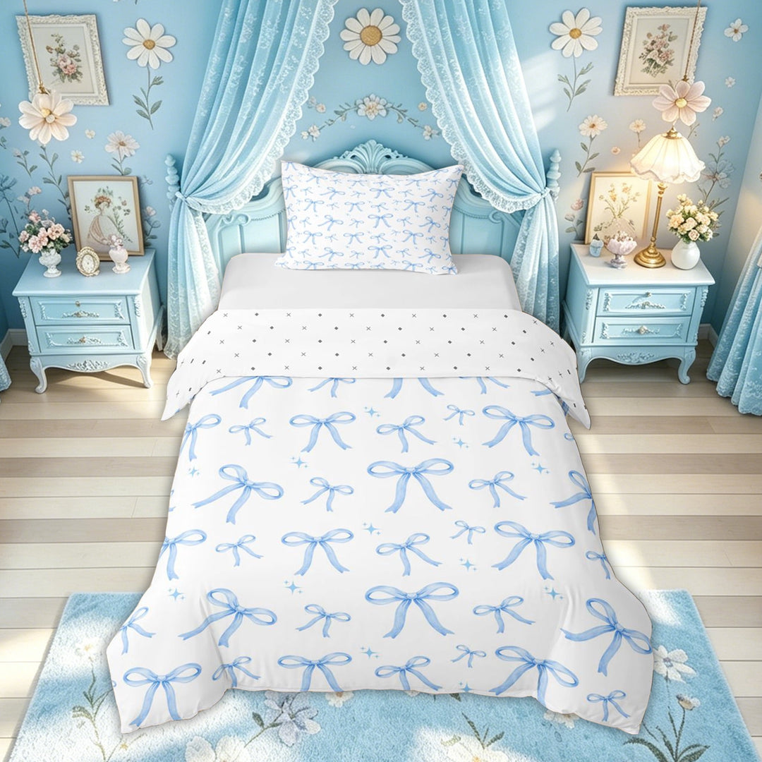 Meiyoeat Kawaii Cartoon Bow Duvet Cover Set for Kids Boys Girls, Blue Cute Bow-tie Bedding Full, Reversible, 1 Duvet Cover and 2 Pillowcases (No Comforter)