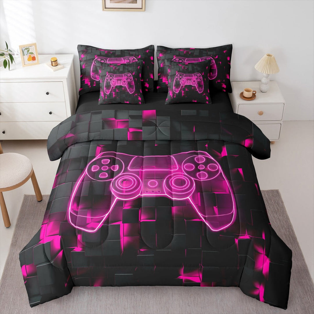 Gaming Comforter , Gamepad Gamer Fitted Sheet Twin Size 7 Pieces, Video Game Console Flat Sheet, Neon Geometry Square Pillow Cases,Antique Pink Black Throw Pillow Covers