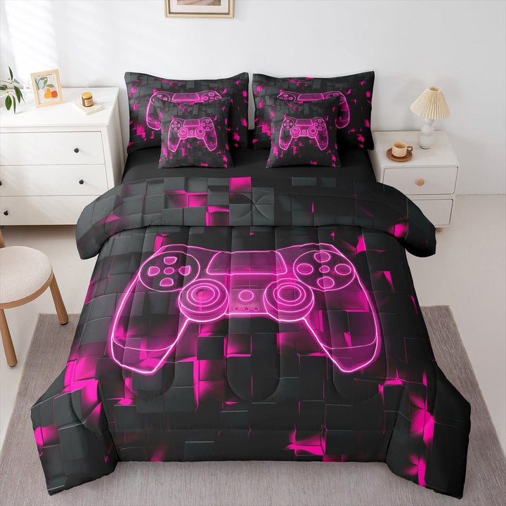 Gaming Comforter , Gamepad Gamer Fitted Sheet Twin Size 7 Pieces, Video Game Console Flat Sheet, Neon Geometry Square Pillow Cases,Antique Pink Black Throw Pillow Covers