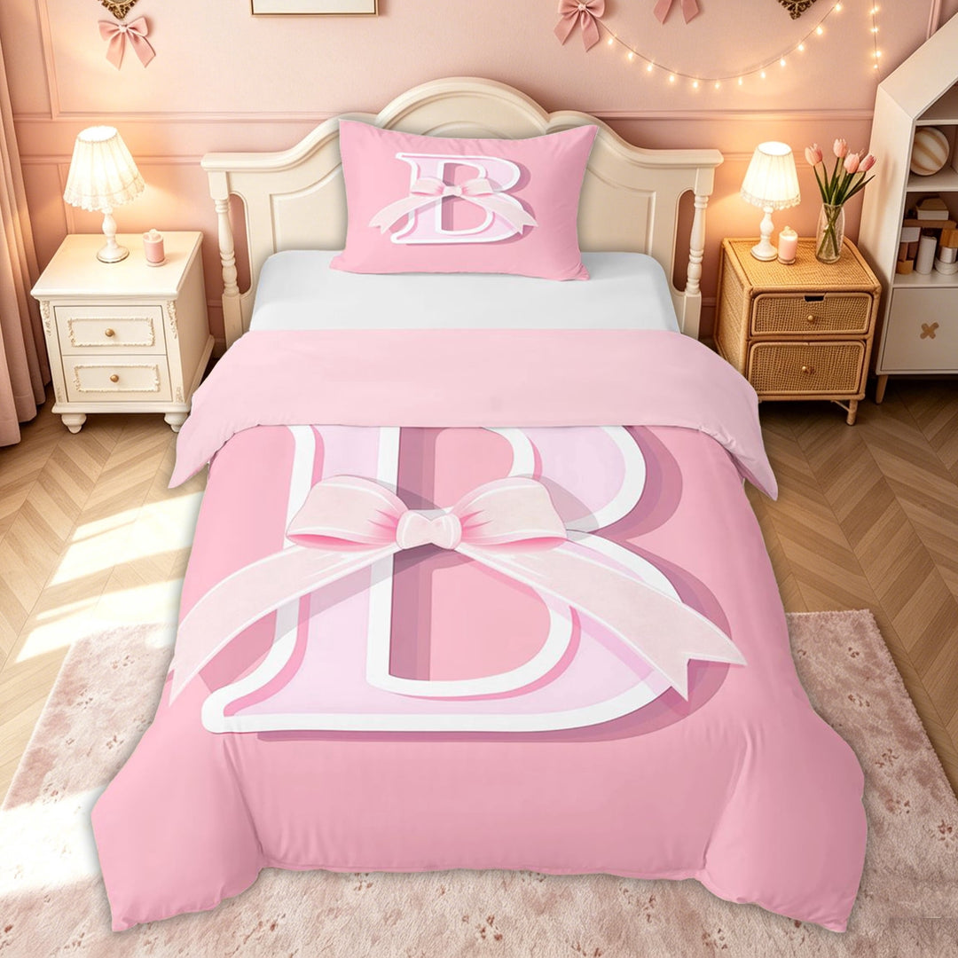 meiyoeat Princess Letter B Print Bedding for Kids Girls, Girly Bow Monogram Duvet Cover Full, Pink, Pink Reversible, 3 Pieces