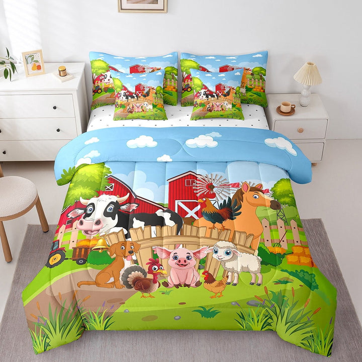Erosebridal Farm Animal Bedding Twin Size, Kawaii Dog Cow Bedding Sets Twin Size, Farmhouse Comforter Sets with Sheets, Ultra Soft Bedroom Decoration, 7 Pieces