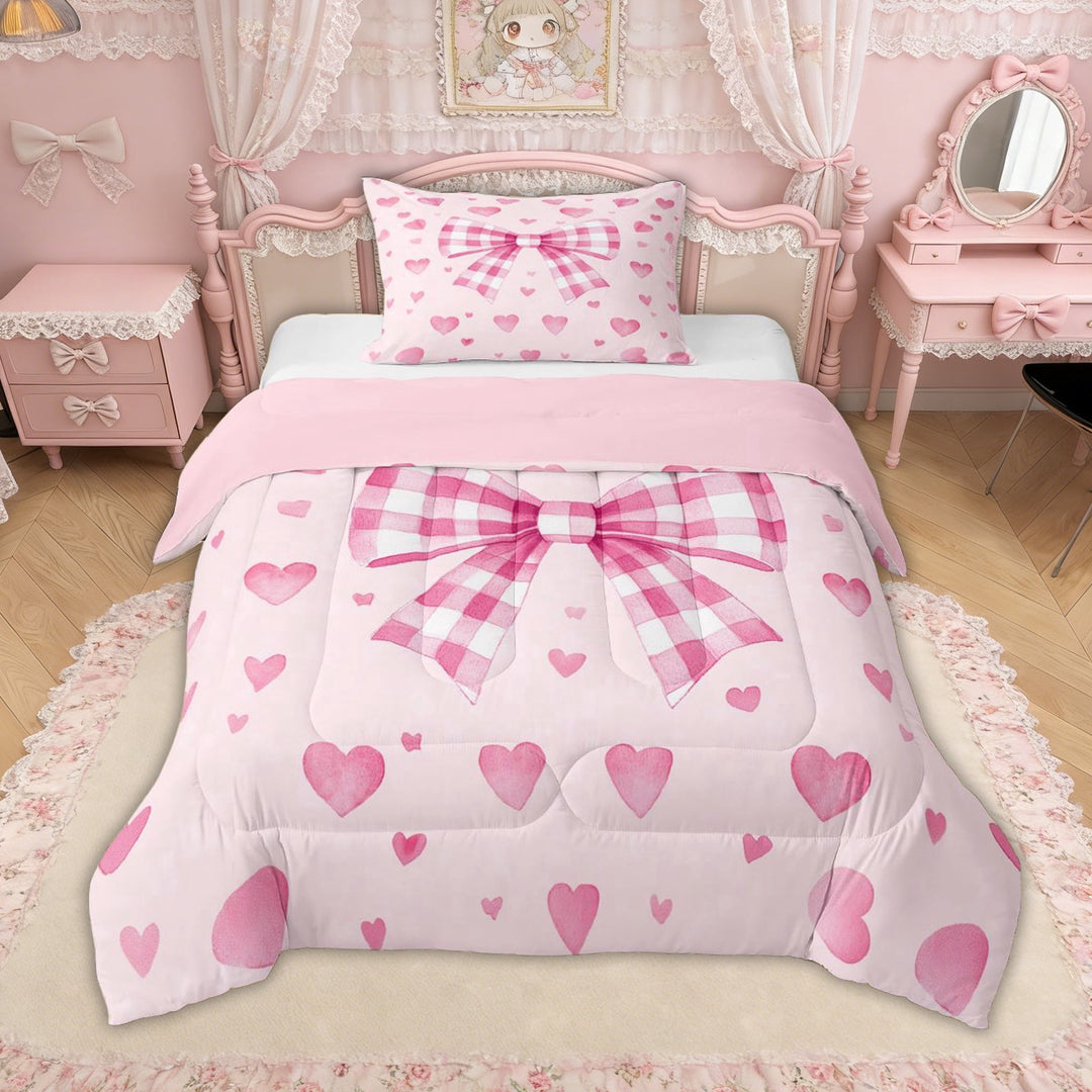 Erosebridal Buffalo Bow-tie Twin Comforter Sets for Women Girls, Princess Love Heart Bedding Set, Pink Reversible, 2-Piece