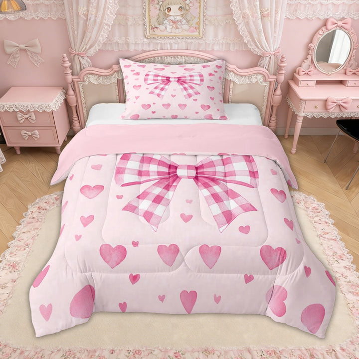 Erosebridal Buffalo Bow-tie Twin Comforter Sets for Women Girls, Princess Love Heart Bedding Set, Pink Reversible, 2-Piece