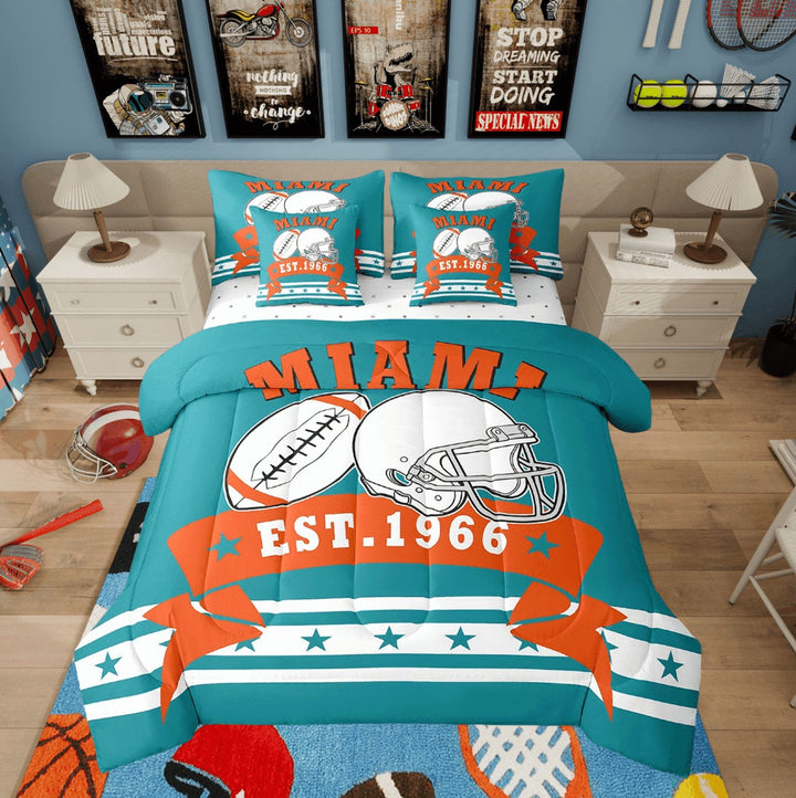 7Pcs American Football Bedding Full, 3D Sports Football Game Comforter Set Bed In A Bag Bedding - 1 Comforter, 1 Flat Sheet 1 Fitted Sheet 2 Pillowcases 2 Throw Pillow Covers (Miami)