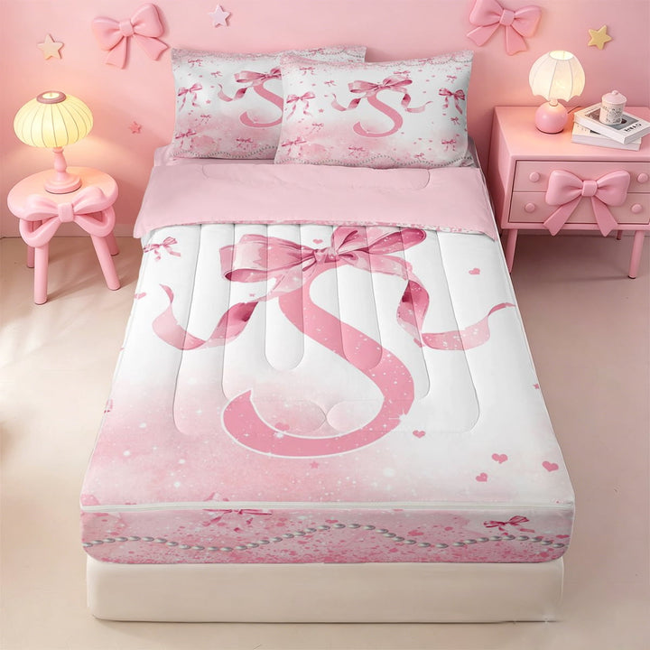 meiyoeat Chic Pearl Print Zipper Twin Comforter Sets with Fitted Sheet and 2 Pillowcases,Coquette Bow Glitter Letter S Design Zipper Bedding Set For Girl,Pink Reversible,4 Pieces