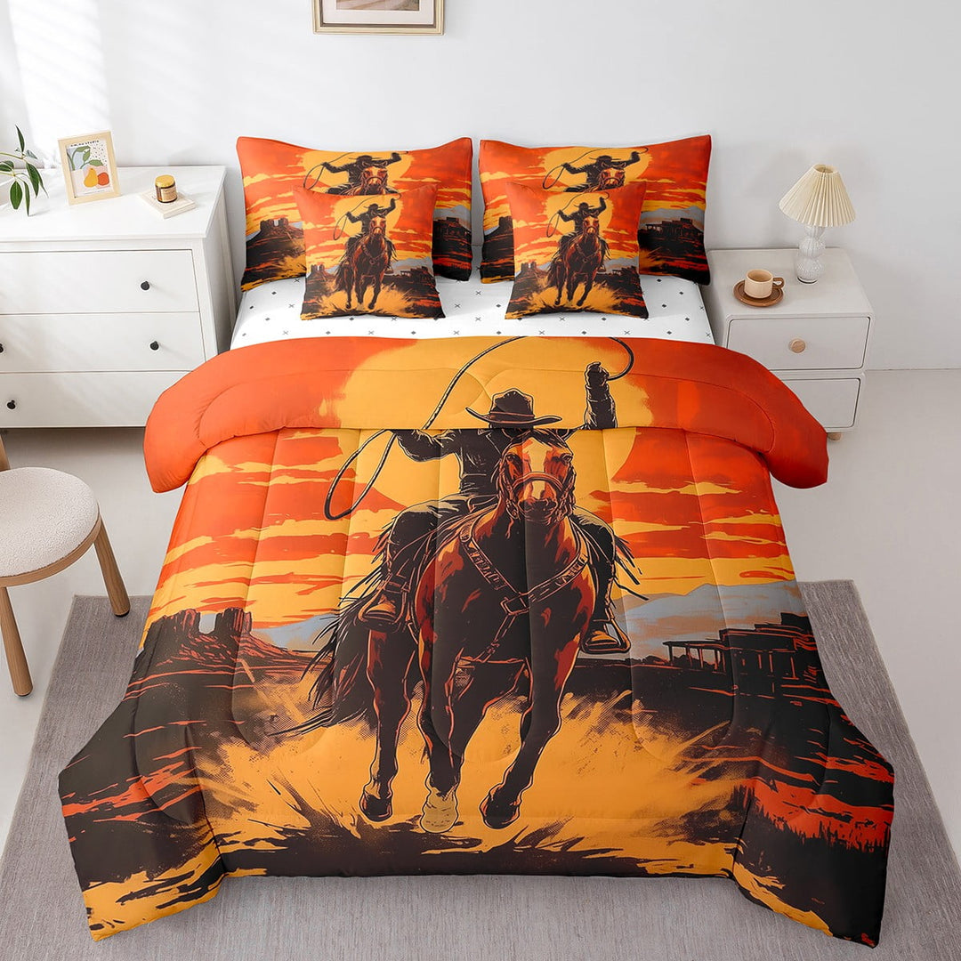 7 Piece Western Cowboy Twin Bed in a Bag,West Horse Bedding Sets Men,Rustic Country Vintage Bed Set Orange Sunset Comforter Set with Fitted+Flat Sheet,Pillowcases