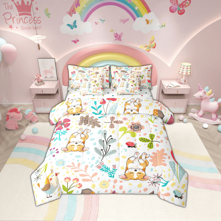Erosebridal Corgi Comforter Set With Sheets Twin Size Cute Dog Bed In A Bag 7 Piece Cartoon Botanical Floral Puppy Bedding Set Kawaii Pet Animal Sheet Set With Comforter