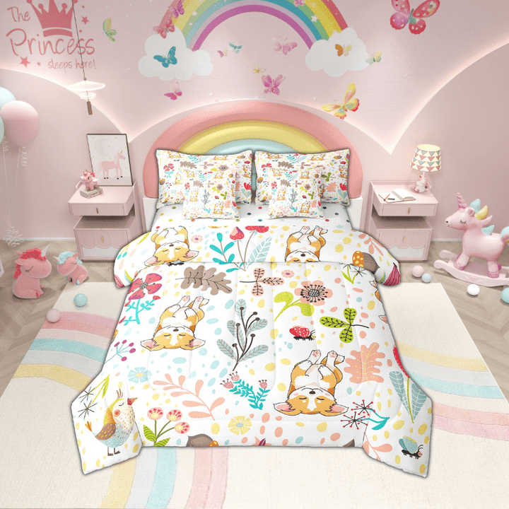 Erosebridal Corgi Comforter Set With Sheets Twin Size Cute Dog Bed In A Bag 7 Piece Cartoon Botanical Floral Puppy Bedding Set Kawaii Pet Animal Sheet Set With Comforter