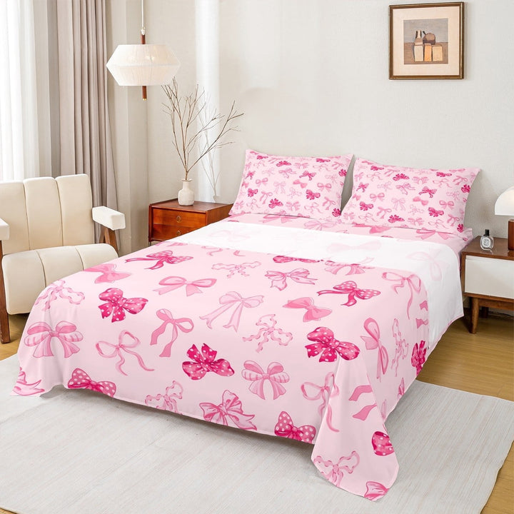 Erosebridal Cute Bowknot Twin Sheet Sets,Ribbon Bowtie Bedding Twin Size,Pink Dot Print Bed Sheets Set Twin Size For Girls,Ultra Soft Bedroom Decoration,3pcs