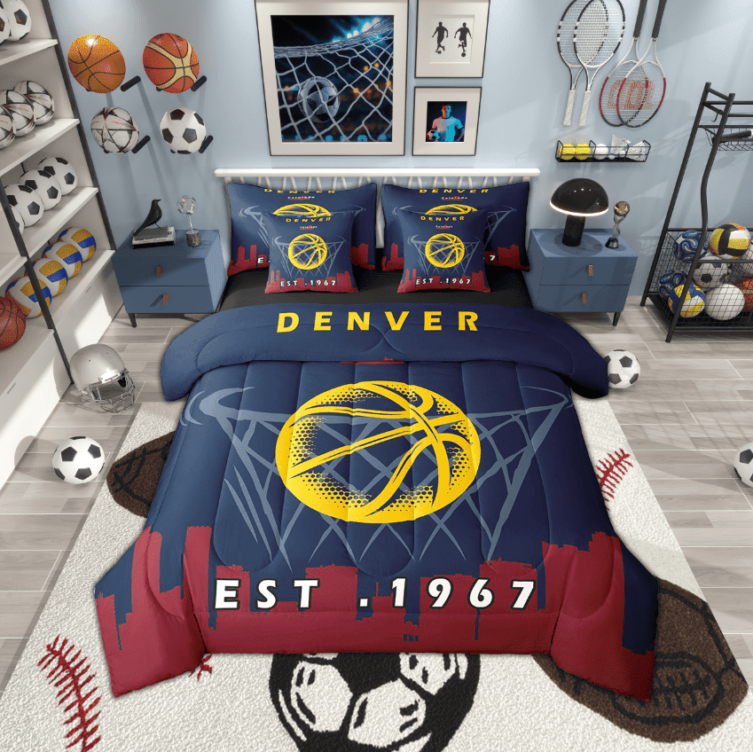 Erosebridal 7 Pcs Comforter Set Twin Size,Sports Bed in a Bag with Flat Sheet and Fitted Sheet and Adults,Basketball Bedding Set with Pillowcase and Sham,Denver