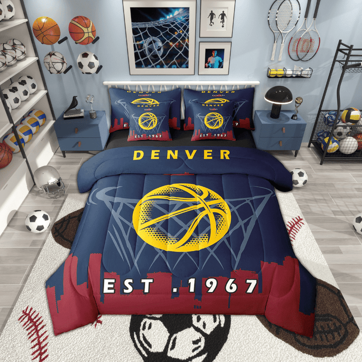 Erosebridal 7 Pcs Comforter Set Twin Size,Sports Bed in a Bag with Flat Sheet and Fitted Sheet and Adults,Basketball Bedding Set with Pillowcase and Sham,Denver
