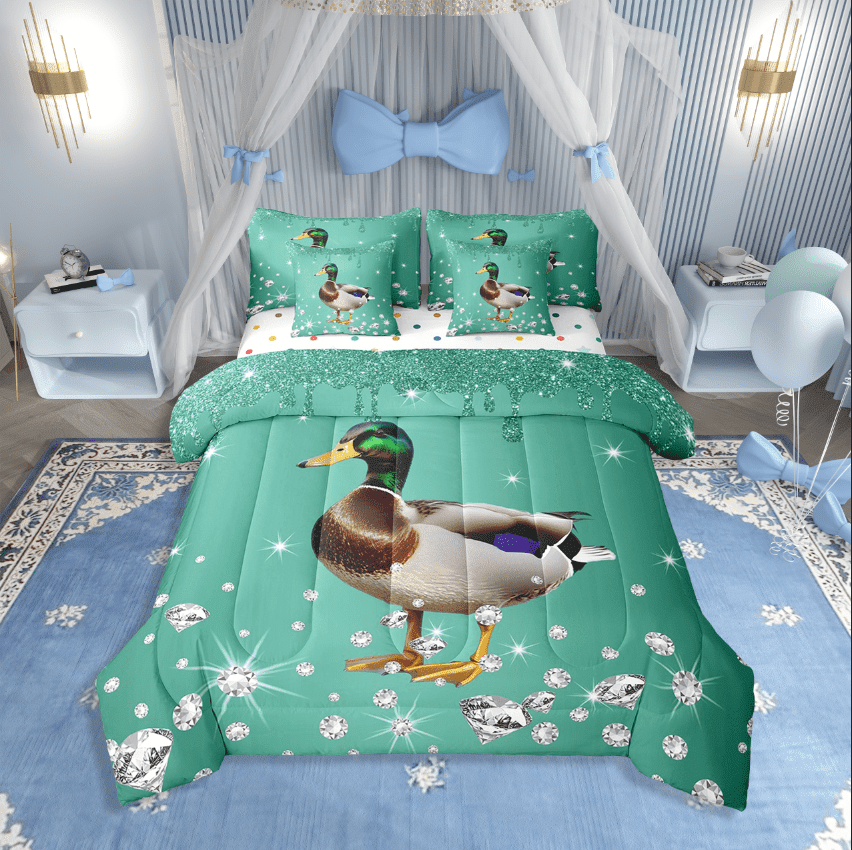 Erosebridal Animal Duck Bedding Sets Twin Size,Bling Crystal Comforter Sets With Sheets,Glitter Bedroom Decor,Reversible,Breathable,7Pcs