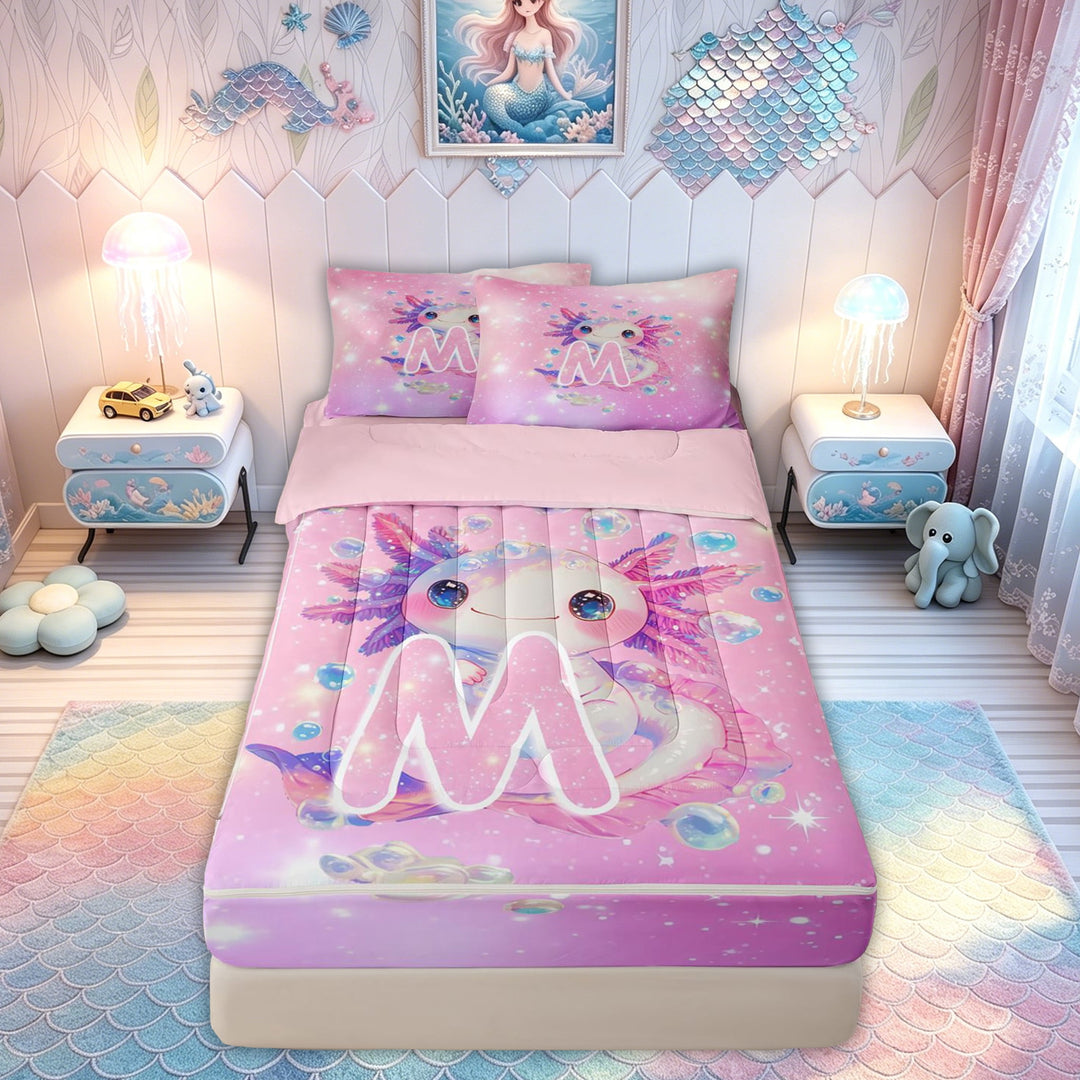 meiyoeat Kawaii Axolotl Letter M Zipper Comforter Set with Fitted Sheet and 2 Pillowcases for Boys Girls, Galaxy Animal Zipper Bedding Set, Pink Purple, Pink Reversible, 3-Piece