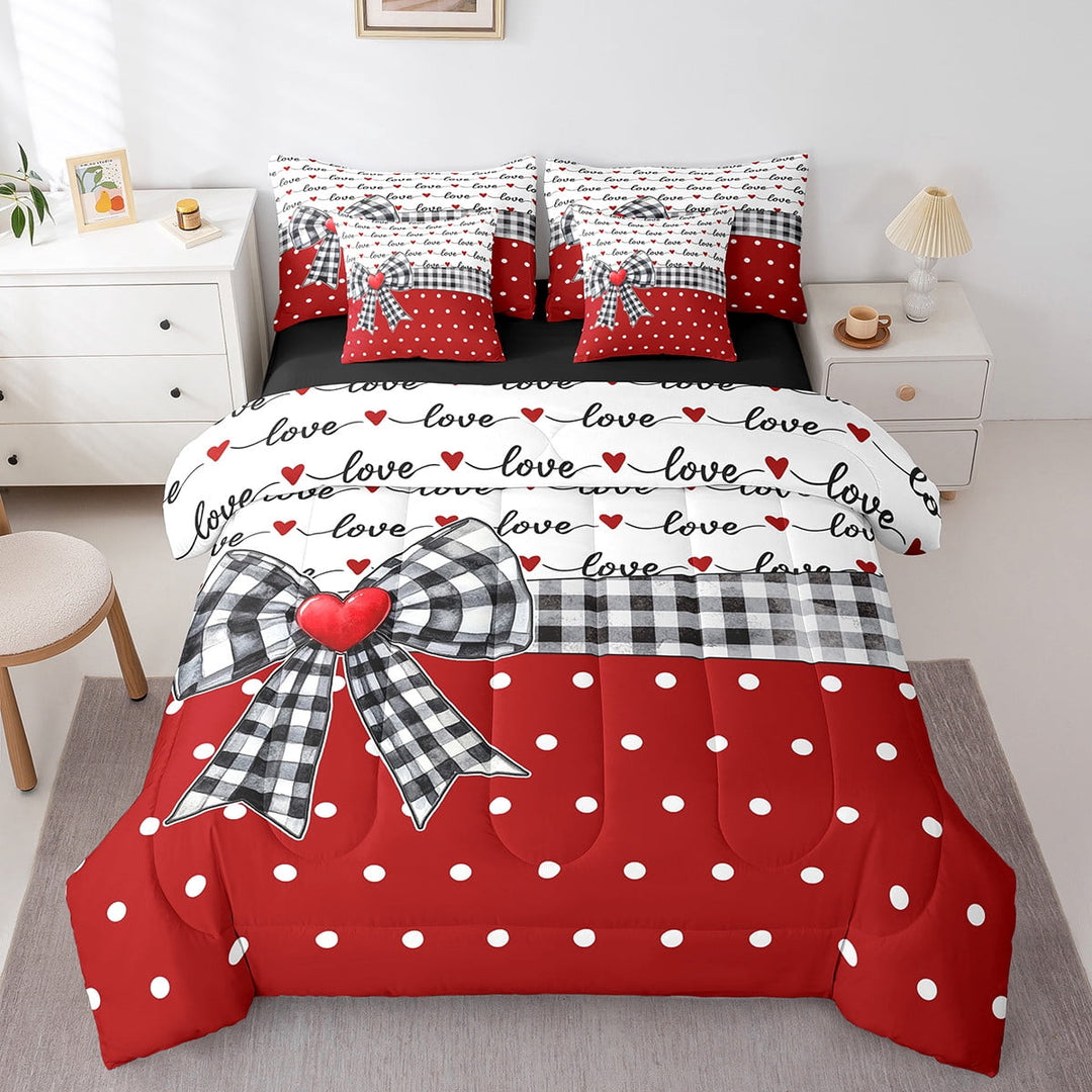 Erosebridal Bowknot Bedding Set Plaid Bow Tie Bed In A Bag With Sheets Romantic Princess White Dots Twin Comforter Set 7 Piece Teen Women,Red Black Dreamy Sheet Set With Comforter