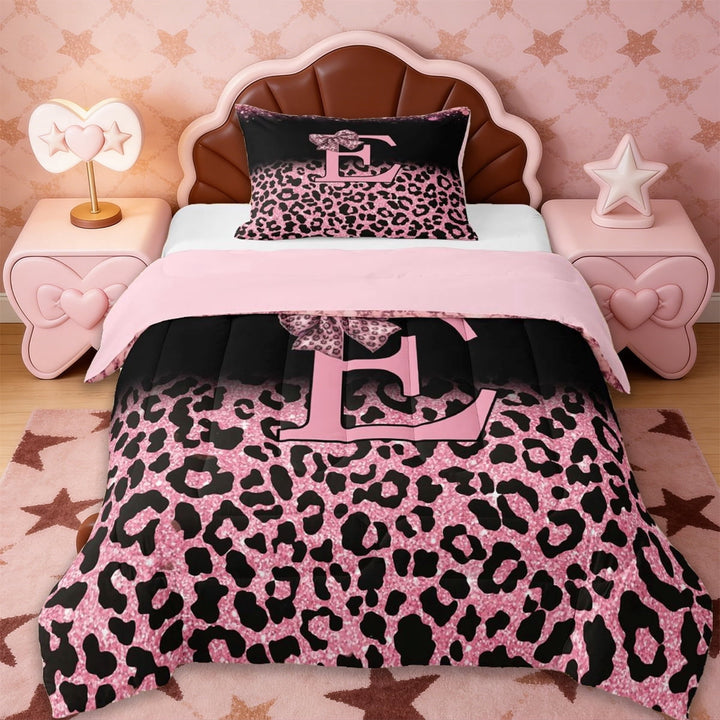 Erosebridal Cheetah Print Lovers Twin Comforter Sets For Girls Women,Letter E Monogrammed Bedding Set For Kids,Reversible pink,2pcs