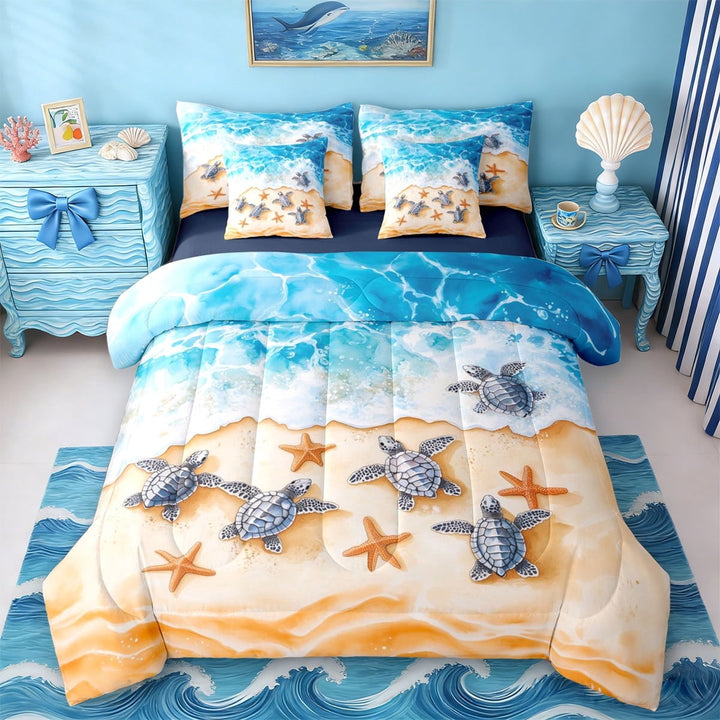 Erosebridal Ocean Animal Turtle 7 Pieces Bedding Comforter Set,Sea Beach Nautical Coastal Kawaii Starfish Full Bedding Set For Girls Kids,Reversible Navy Blue