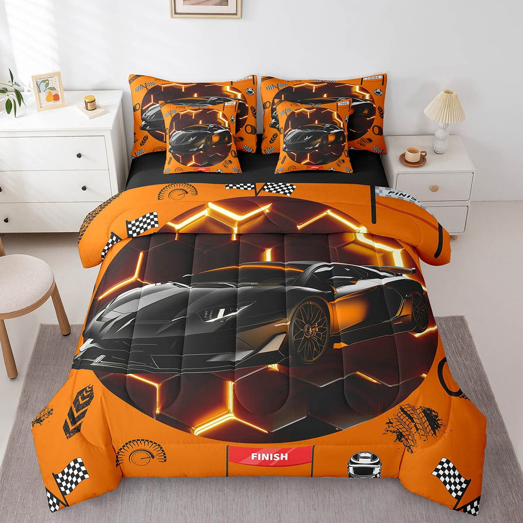 Race Car Queen Size Bedding Set 7 Piece Orange Black Neon Geometric Honeycomb Comforter Set With Sheets Racing Gamer Bed In A Bag Helmet Wheel Checkered Flag Bed Set
