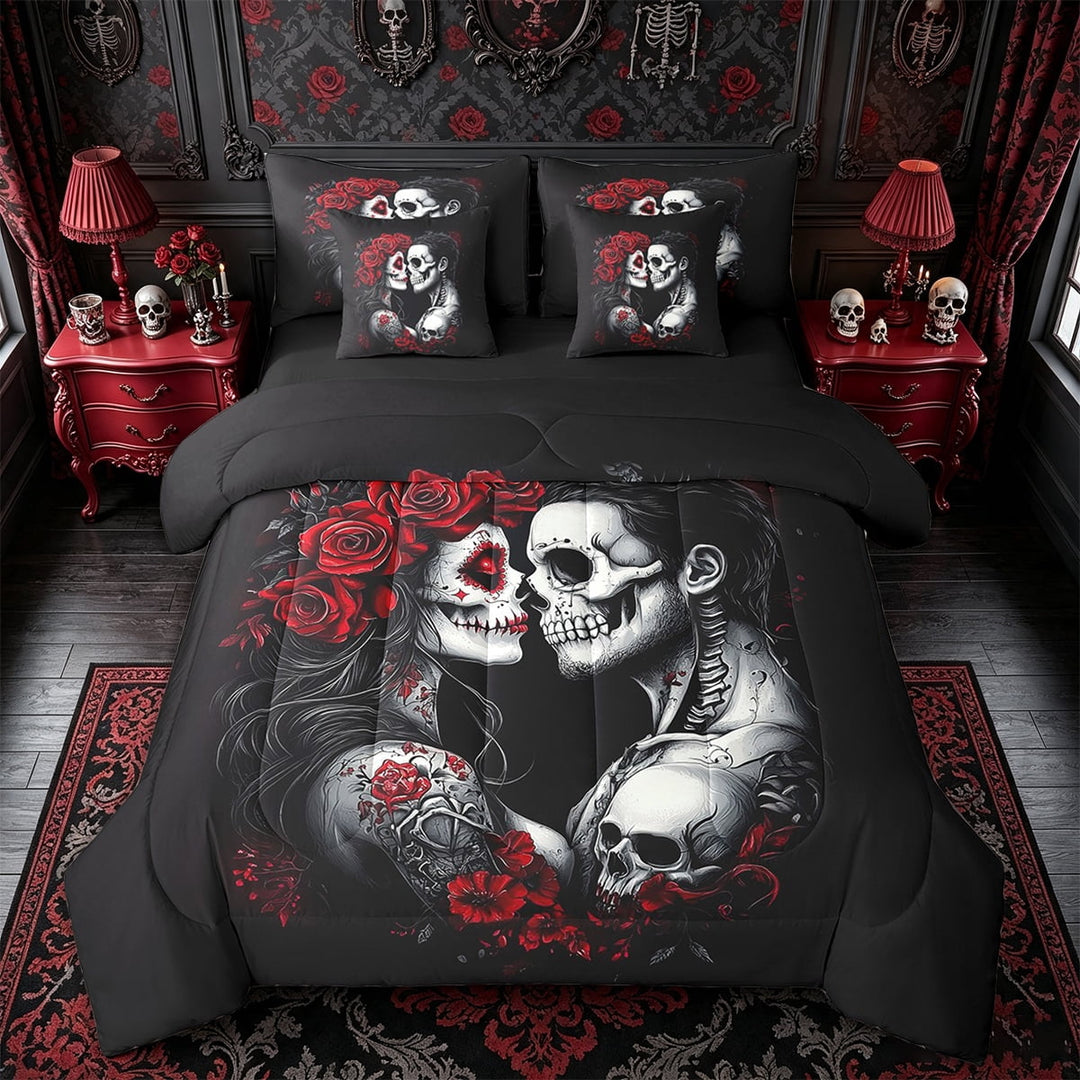 Erosebridal 7Pcs Sugar Skull Queen Comforter Set,Gothic Skeleton Floral Bedding Sets,Romantic Death Love Bed In A Bag,Spooky Rose Valentine&