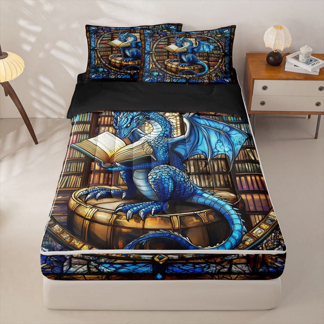 meiyoeat Vintage Glass Dragon Zipper Full Size Comforter Sets with Fitted Sheet and 2 Pillowcases for Kids Boys, Magical Library Animal Zipper Bedding Set, Blue Black, Black ReversibleB