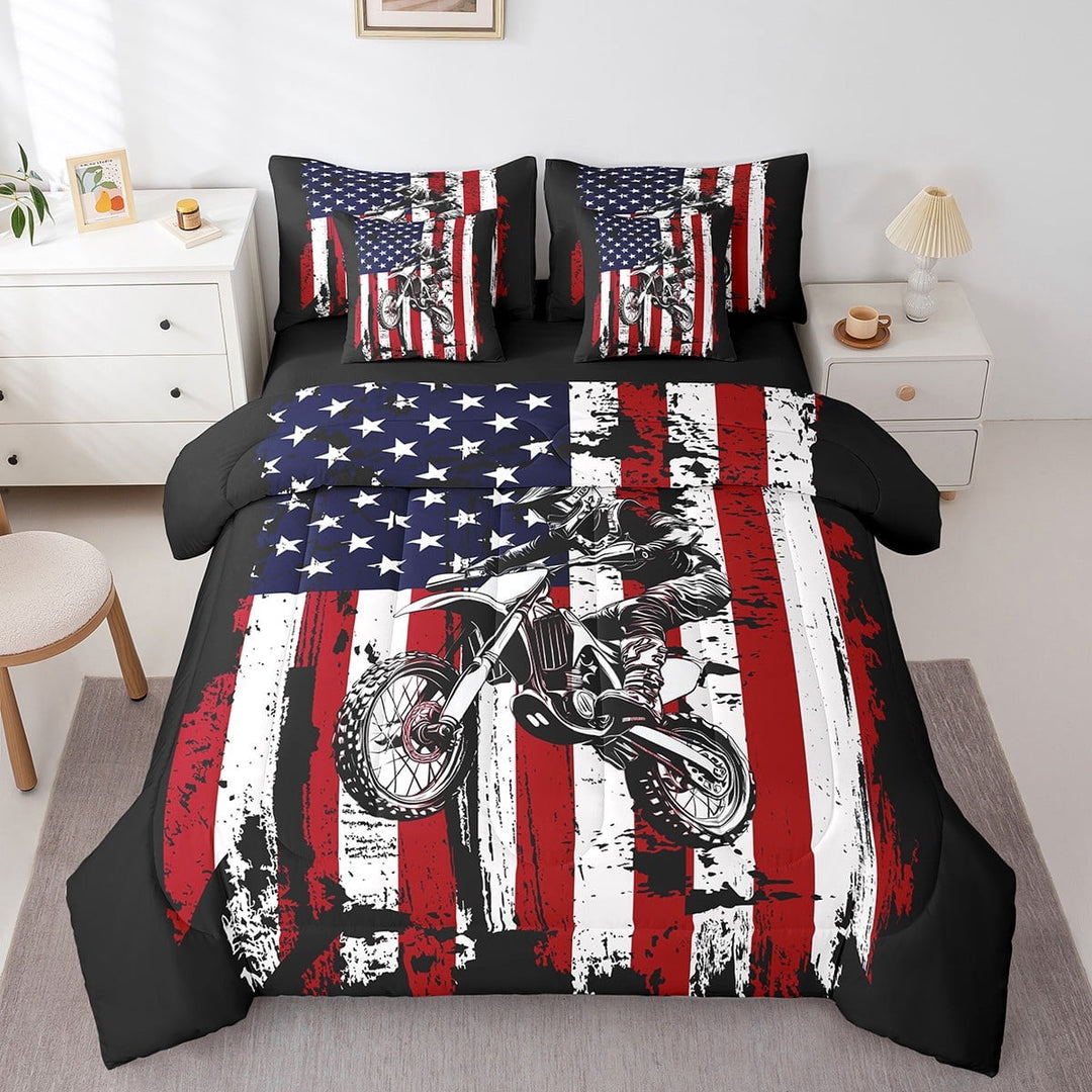 Erosebridal Modern Motorcycle Bedding Full Size, American Flag Bedding Sets Full Size, Extreme Sports Decor, Reversible 7pcs