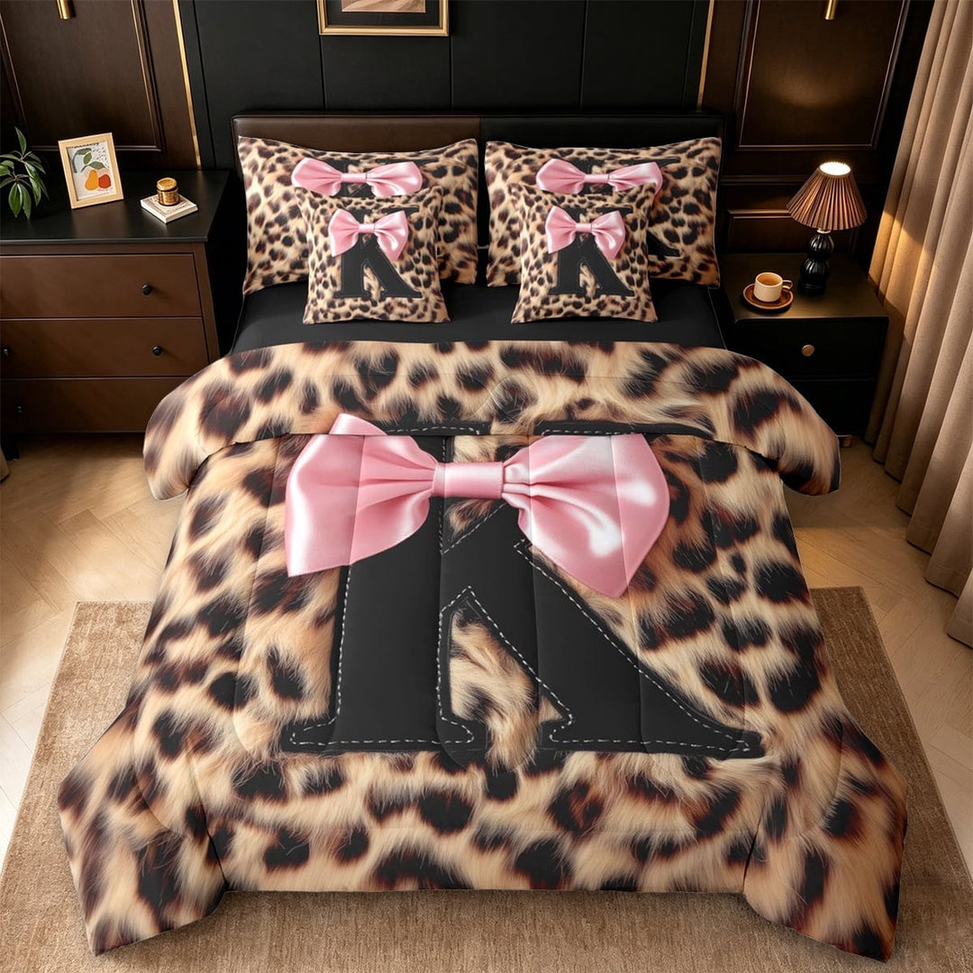 Erosebridal Wildlife Print Leopard 7-Piece Twin Bedding Sets For Girls,Black Alphabet K Bedding Comforter Set For Kids,Black Reversible