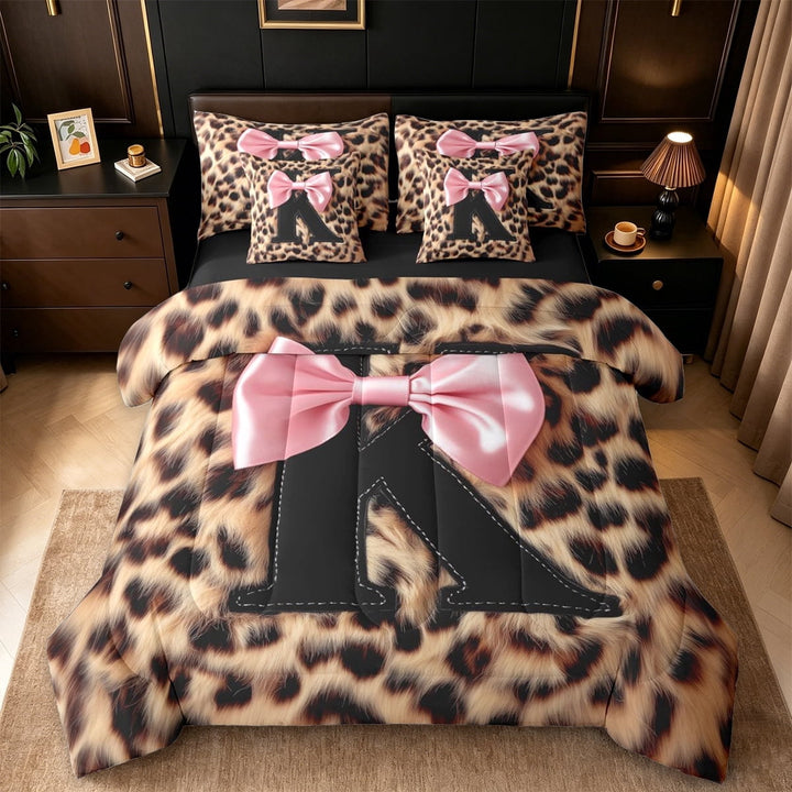 Erosebridal Wildlife Print Leopard 7-Piece Twin Bedding Sets For Girls,Black Alphabet K Bedding Comforter Set For Kids,Black Reversible