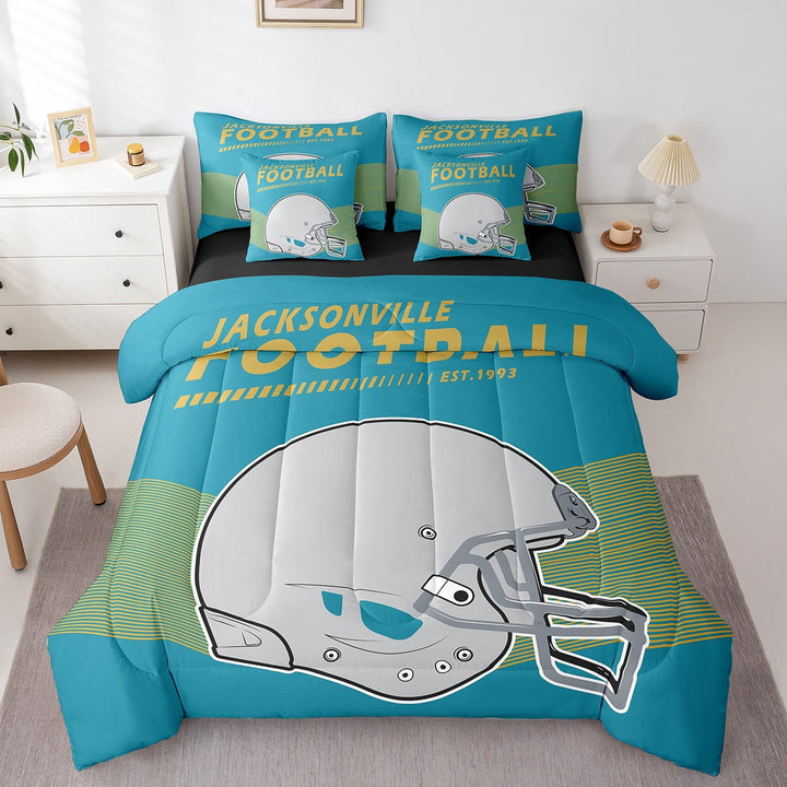 Erosebridal Twin Size American Football Comforter Set with Sheets 7 Pieces Sports Game Comforter Sets Bed in a Bag with 2 Pillowcases &amp; 2 Throw Pillow Covers, Jacksonville (Teal Blue Yellow)