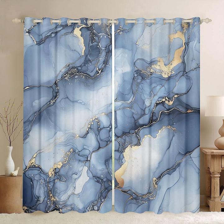 Erosebridal Greyish Blue Marble Black Out Curtains, Gold Metalic Curtains Pack of 2 (42x63 Each)