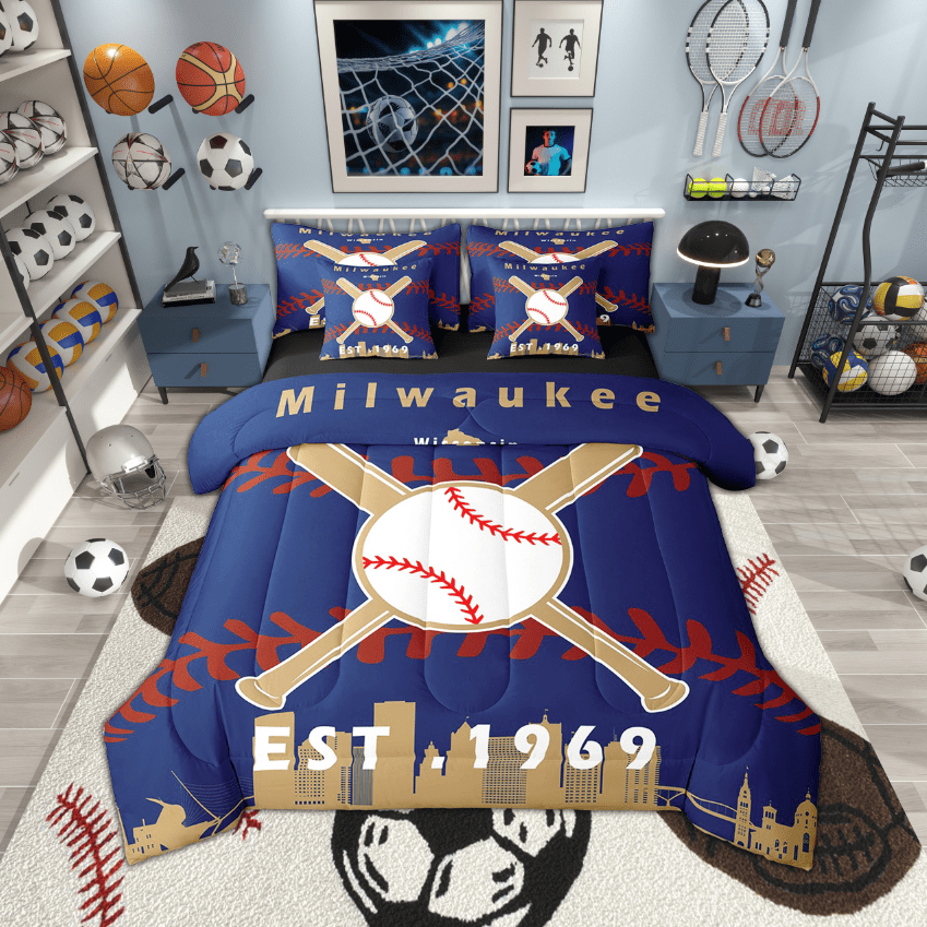 7 Pcs Comforter Set Full Size, Baseball Bed in a Bag with Flat Sheet and Fitted Sheet and Adults,Sports Bedding Set with Pillowcase and Sham(Milwaukee)