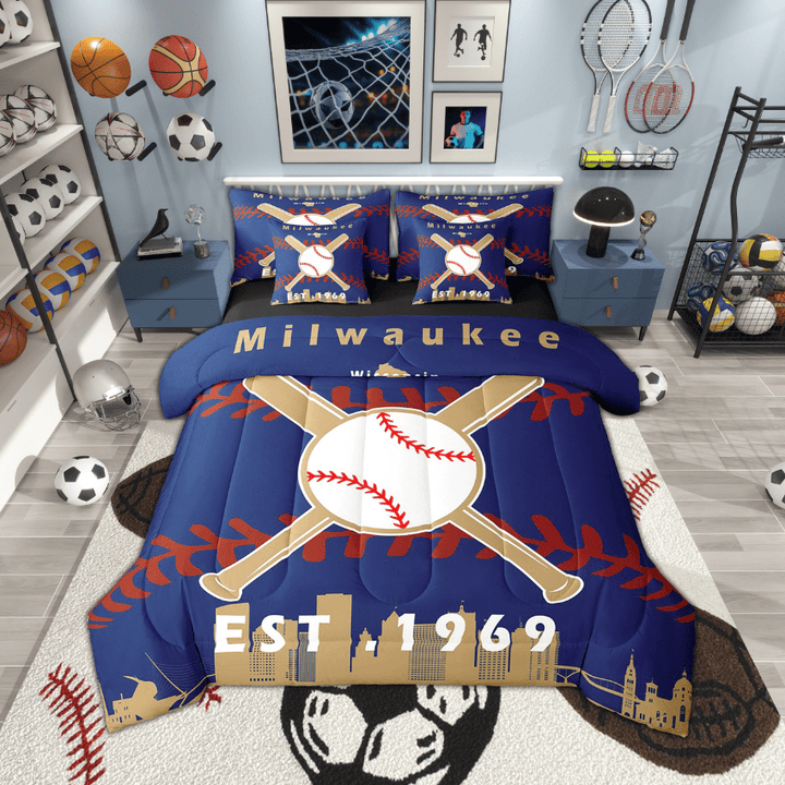 7 Pcs Comforter Set Full Size, Baseball Bed in a Bag with Flat Sheet and Fitted Sheet and Adults,Sports Bedding Set with Pillowcase and Sham(Milwaukee)