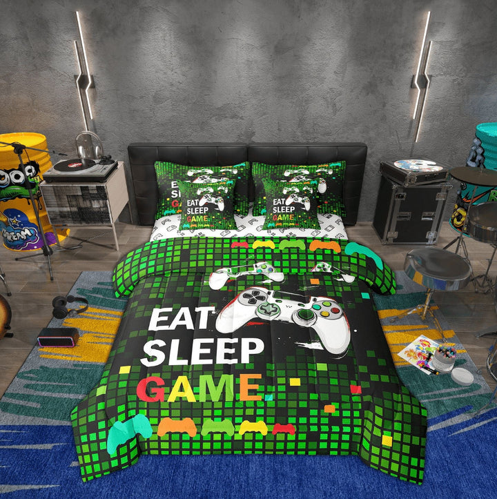 Erosebridal Gaming Gamepad Bed in a Bag Twin size, Green Square Bed Set, Teens Teengaer Reversible Bedding Twin Size, Breathable Room Decor, 7 Pieces
