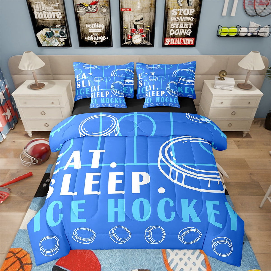 Ice Hockey Bed in a Bag Twin Winter Sport Game Ball Theme Comforter Set with Sheets Ice Hockey Room Decor Bed Set Ice Hockey Sports Bedding Sets Teen Sports Sheets 7 Pcs Blue