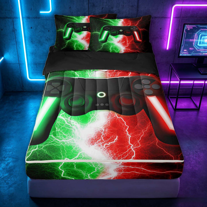 meiyoeat Neon Lightning Gaming Zipper Full Size Comforter Sets with Fitted Sheet and 2 Pillowcases for Boys Girls, Electric Gamer Zipper Bedding Set, Green Red, Black Reversible
