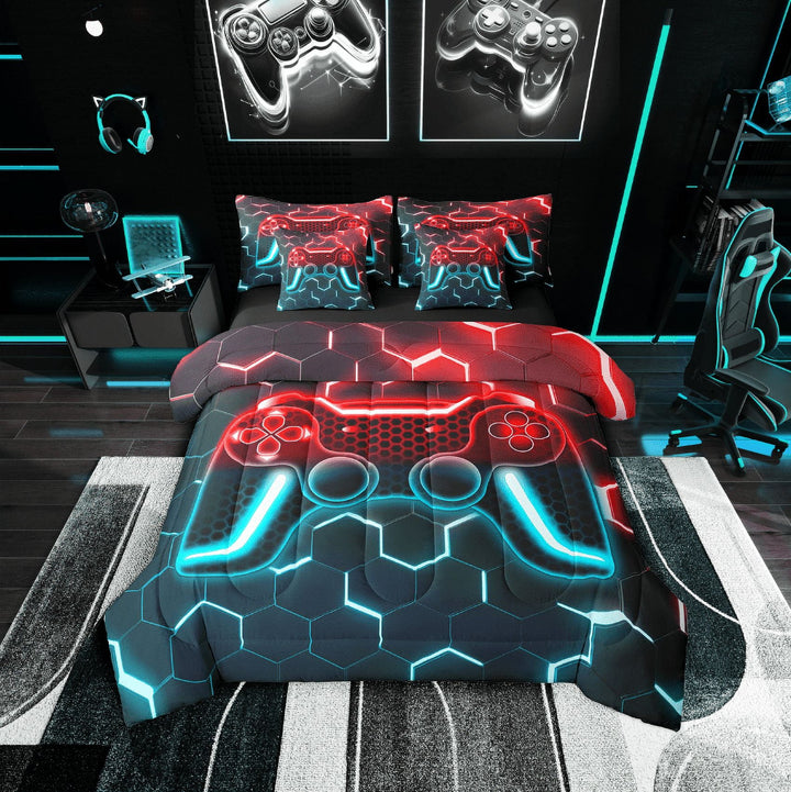 Erosebridal Teens Gaming Bedding Sets Twin Size,Video Gamer Comforter Sets with Sheets,Honeycomb Bedroom Decor,Reversible,Breathable,7-Piece