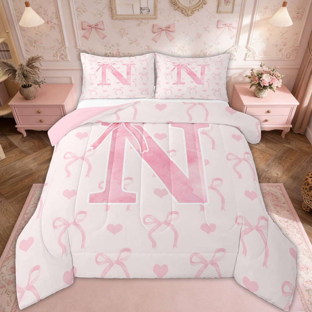 Erosebridal Girly Fairly Bedding Sets Full with Comforter, Romantic Initial N Duvet Insert, Kawaii Pink Bowknot, Reversible 3pcs