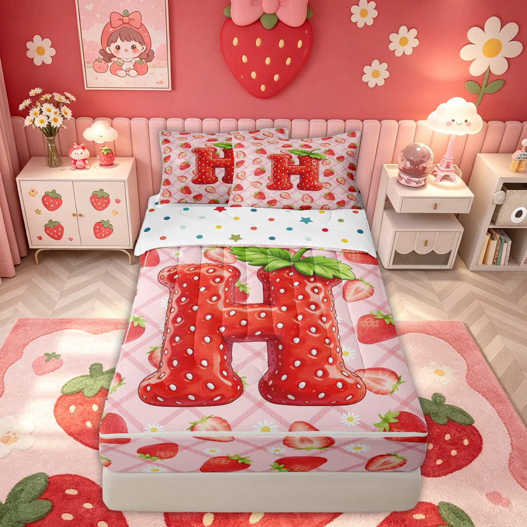 meiyoeat Strawberry H Initial Zipper Full Size Comforter Sets with Fitted Sheet and 2 Pillowcases for Girls, Fruit Flower Zipper Bedding Set, Red Pink, Polkadot Reversible, 4pcs