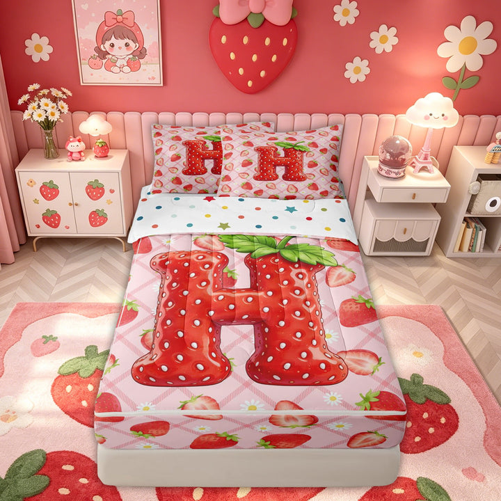 meiyoeat Strawberry H Initial Zipper Full Size Comforter Sets with Fitted Sheet and 2 Pillowcases for Girls, Fruit Flower Zipper Bedding Set, Red Pink, Polkadot Reversible, 4pcs