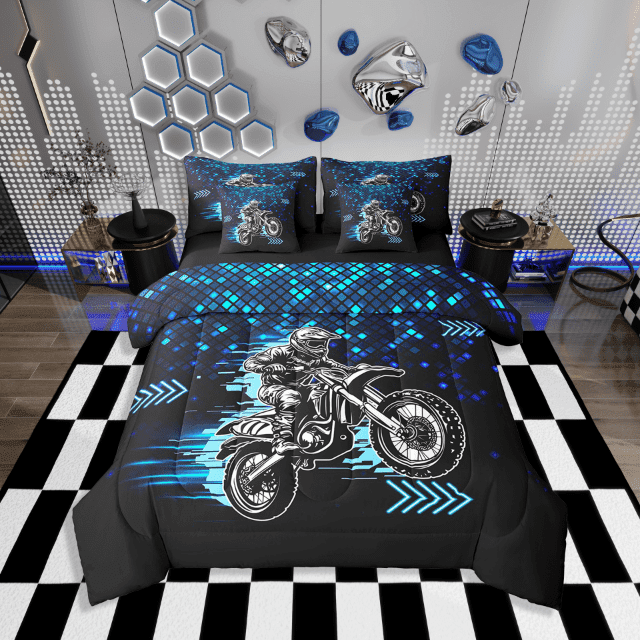 Erosebridal Dirt Bike Bedding Sets Twin Size for Teens,Black Blue Comforter Sets with Sheets,Sports Theme Decoration,Reversible,Breathable,7-Piece