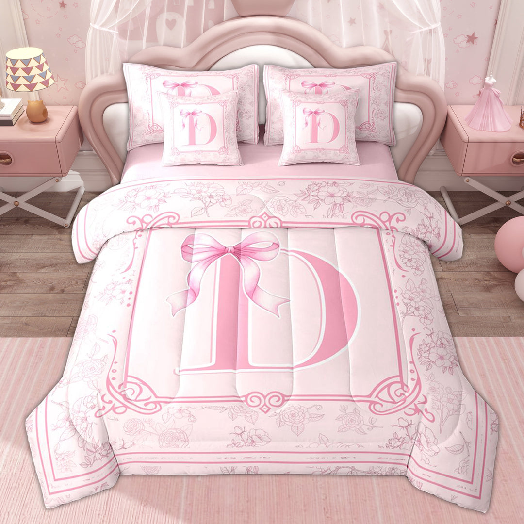 Erosebridal Kids Pink Initial D Twin Bedding Sets, Cute Princess Bowknot Bedding Comforter Set, 7 Pieces