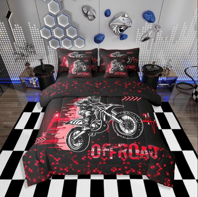 Erosebridal Dirt Bike Bedding Sets Twin Size for Teens,Black Red Comforter Sets with Sheets,Sports Theme Decoration,Reversible,Breathable,7-Piece