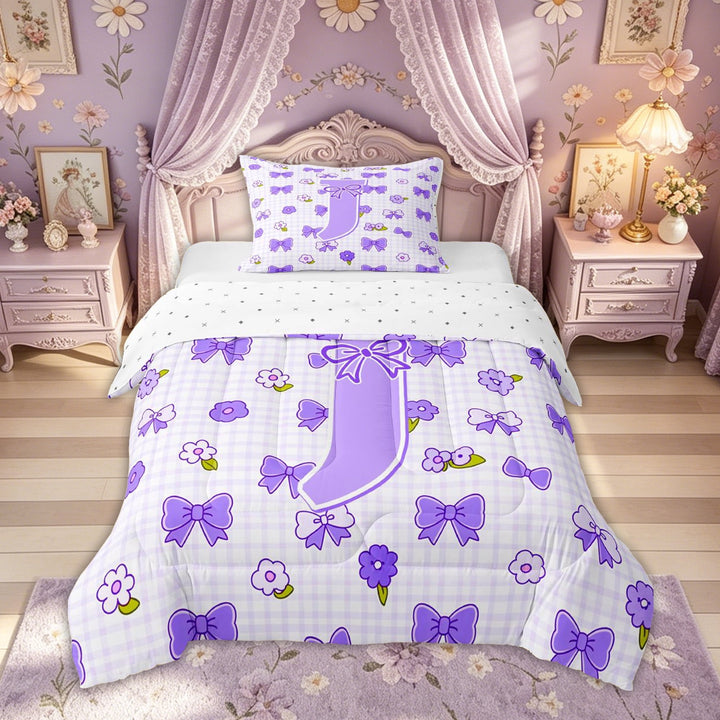 meiyoeat Cute Bow Letter J Full Size Comforter Sets for Girls, Floral Plaid Bedding Comforter Set for Bedroom, Purple, Reversible, 3-Piece, 1 Comforter and 2 Pillowcases
