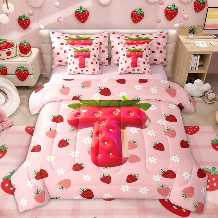 Erosebridal Pink Strawberry Kids Twin Bedding Sets, Cute Princess Initial T Bedding Comforter Set, Pink Reversible, 7-Piece