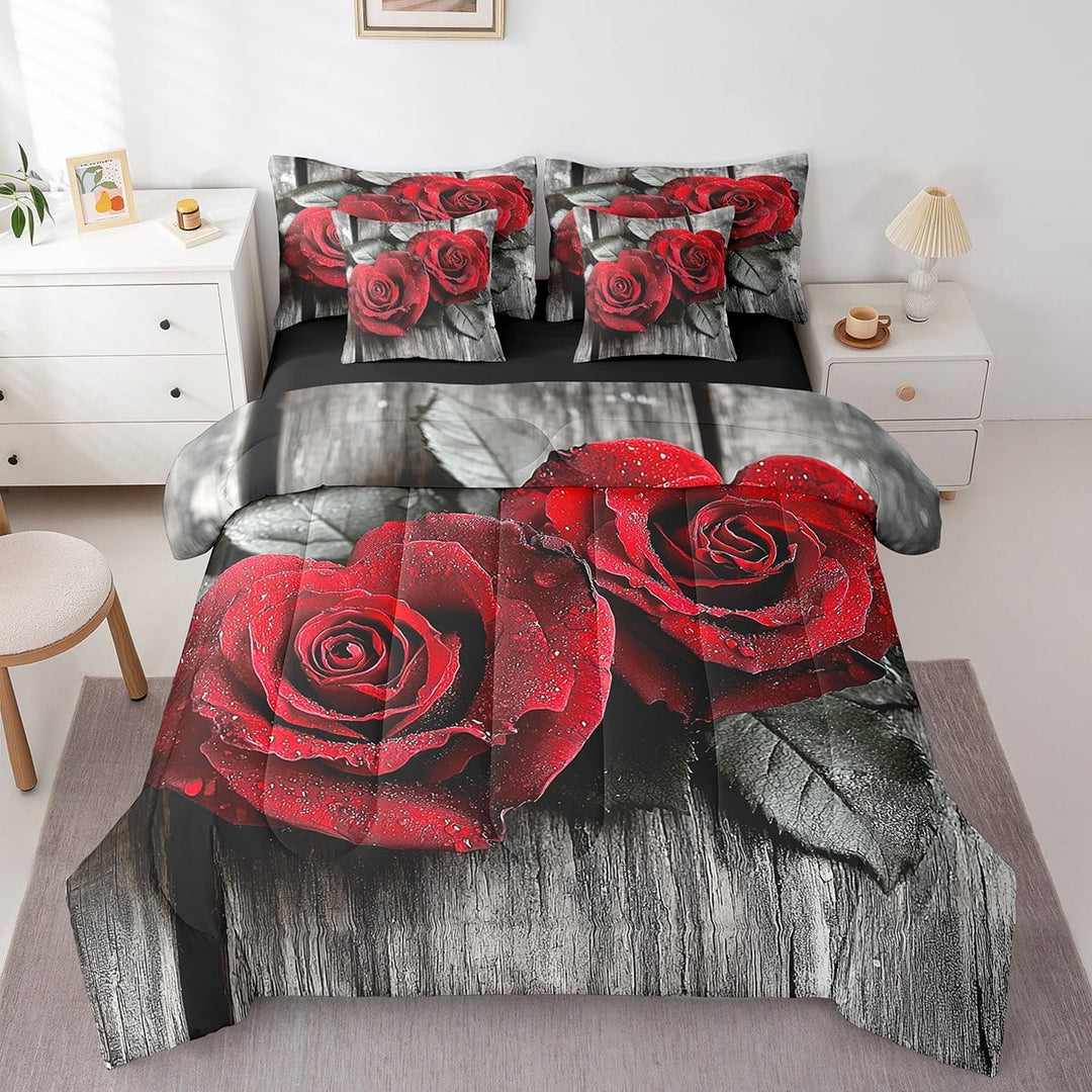 Romantic Valentine Rose Bedding Set Full,Vintage Farmhouse Style Comforter Set for Couple Lovers,Flower Floral Bed in a Bag(Comforter, Sheets, Pillowcases &amp; Cushion Covers)7 Pcs Bed Set