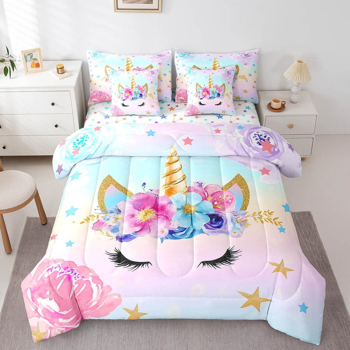 Comforters Twin Size Set with Sheets Flower Unicorn,7 Pieces Bed in a Bag Twin Cartoon Unicorn Bedding Sets with Comforter, Sheets, Pillowcases and Shams