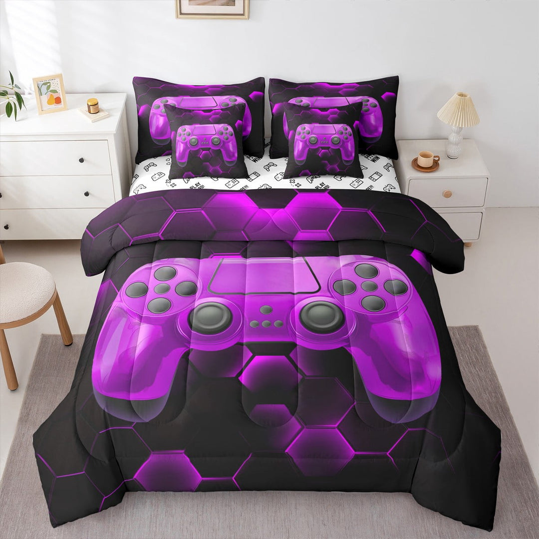 Erosebridal Purple Gamepad Bed in a Bag Twin size, Geometric Bed Set, Teens Gaming Decor, Reversible 7 Pieces