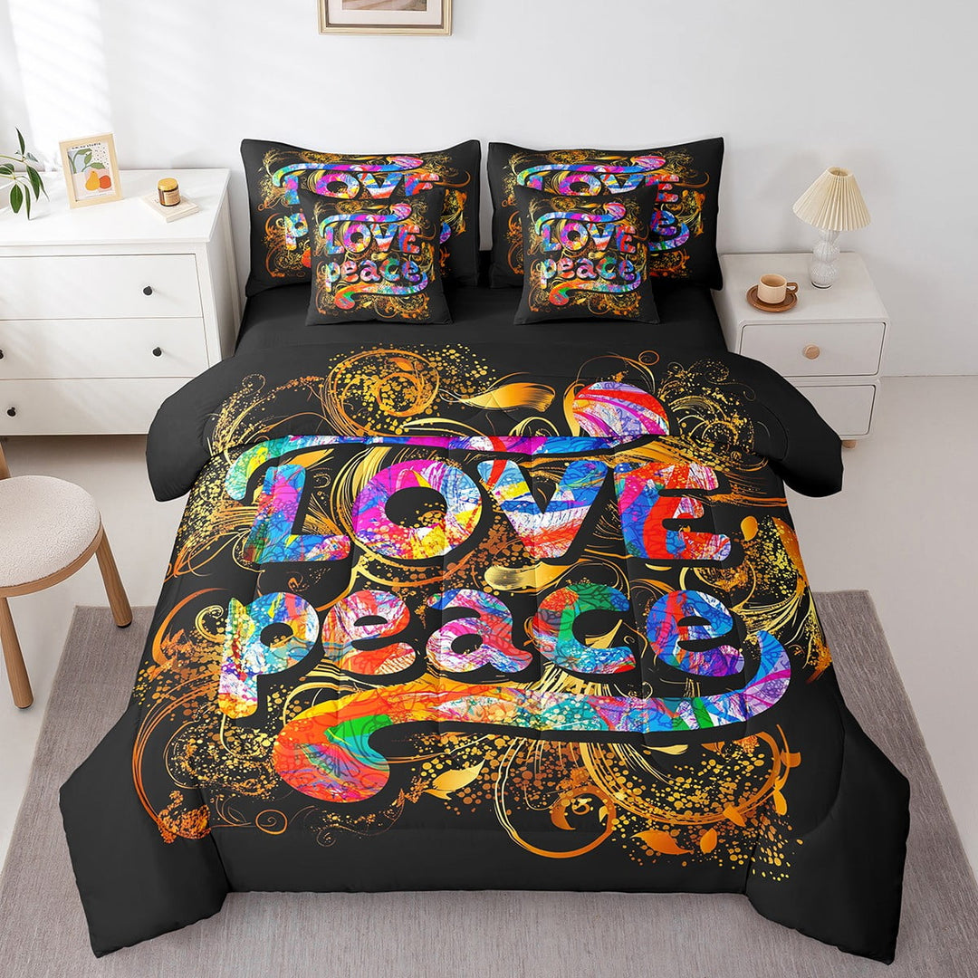 Hippie Symbol Bed in a Bag Queen Comforter Set 7 Piece,Colorful Artsy Bedding Sets Peace Freedom Love Sheet Set With Comforter,Rainbow Graffiti Art Bed Set