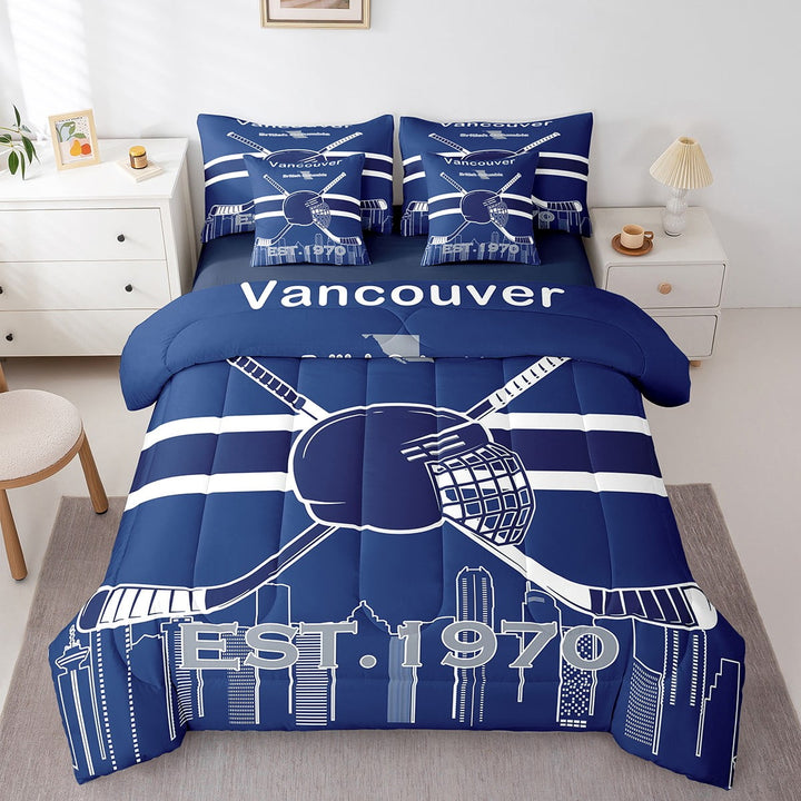 Erosebridal 7-Pcs Hockey Bedding Set, Twin Size Comforter Set with Sheets and Pillowcase, 7-Pcs Soft Lightweight Bed in a Bag,Winter Sports Bed Set, Ice Hockey,Vancouver