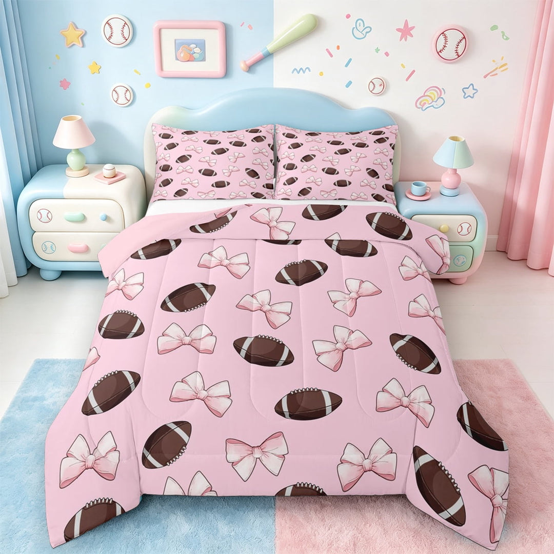 jejeloiu American Ball Bedding Comforter Set,Cute Bowtie Bow Twin Comforter Sets,Rugby Sport Bedding Set For Boys Girls,Super Cozy Bedroom Decorative Reversible,3-Piece