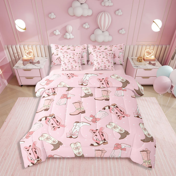 CowBedding Set Cowboy Hat Boots Comforter 7 Pieces Twin Size Pink Kawaii Bow-Tie Sheet Set Rustic Horseshoe Cactus Bed Set Teens Woman Soft Microfiber Decor