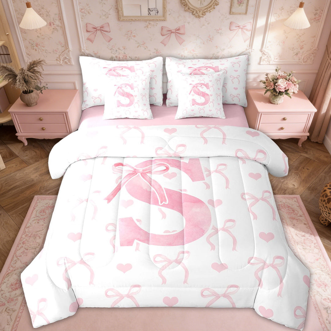 Erosebridal Pink Bow Bed in a Bag Twin size, Initial Letter S Bed Set, Princess Bowknot Decor, Reversible 7pcs